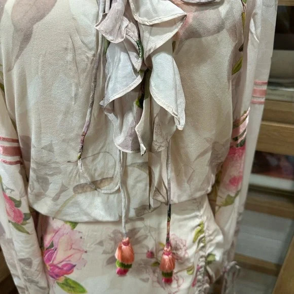 Rococo Sand 100% silk Floral Pink and Cream Dress size Large $686 BNWT